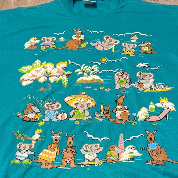 Vintage Tops - Vintage Teal 90s Australia Wildlife Animals at the Beach Retro Puff Print Tee